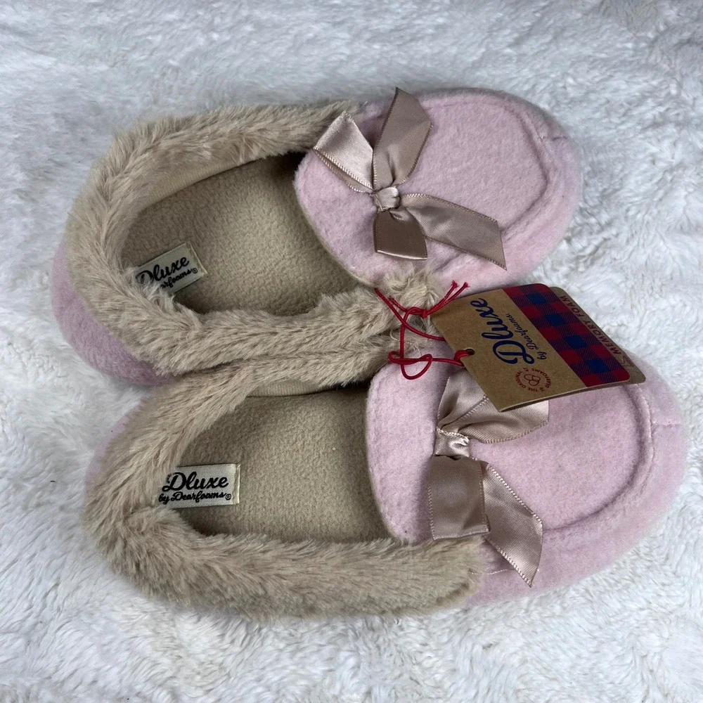 DLUXE by Dearfoams Pink‎ Memory Foam Slippers Bow Plush Fur Lined Girls NWT